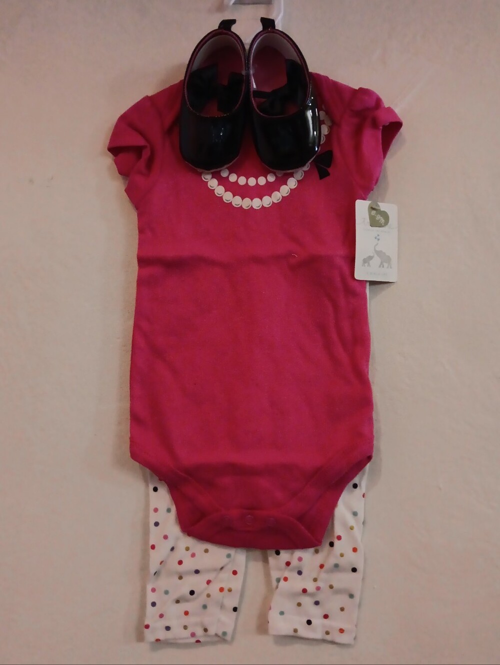 Baby Girls' Pink Onesie & Polka Dot Pants Set with Black Patent Shoes 6-9M